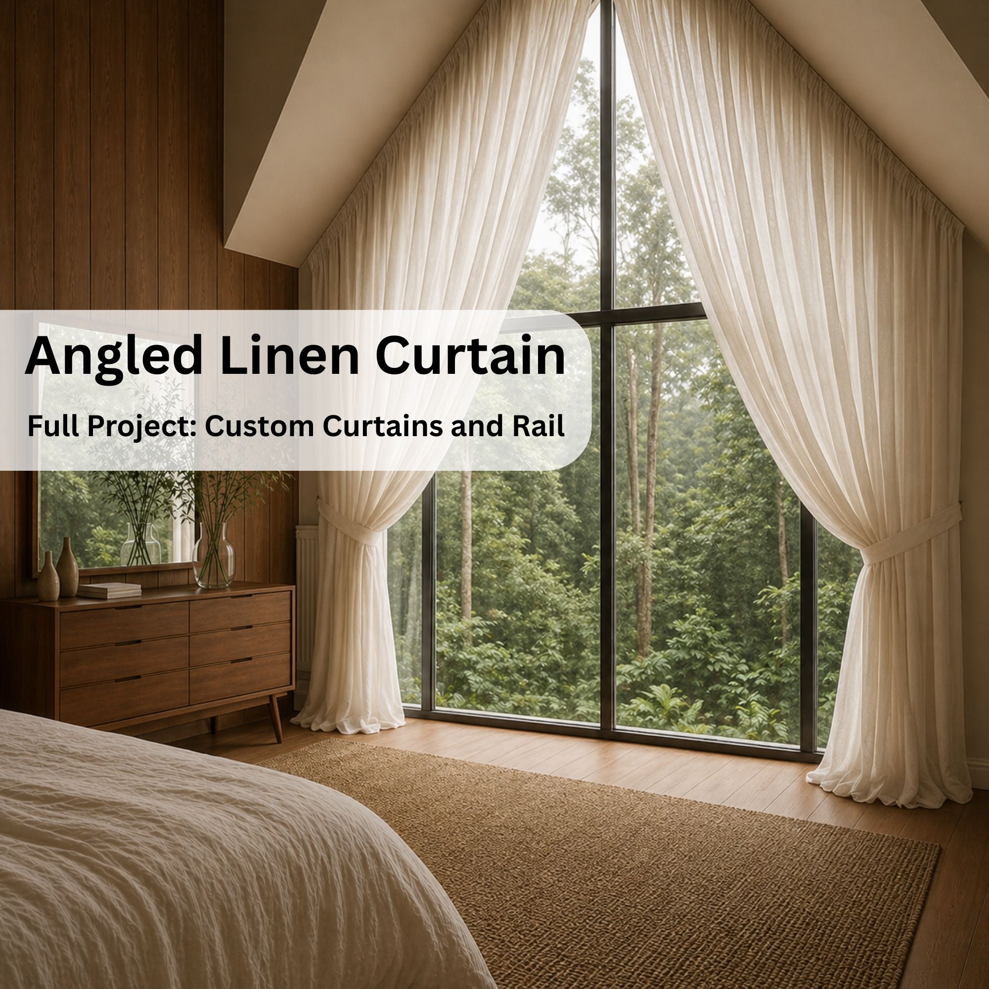 100% Linen Angled Curtains for A-Frame Windows - Custom Sloped Ceiling Rail Track System Included, Made-to-Measure Architectural Drapes