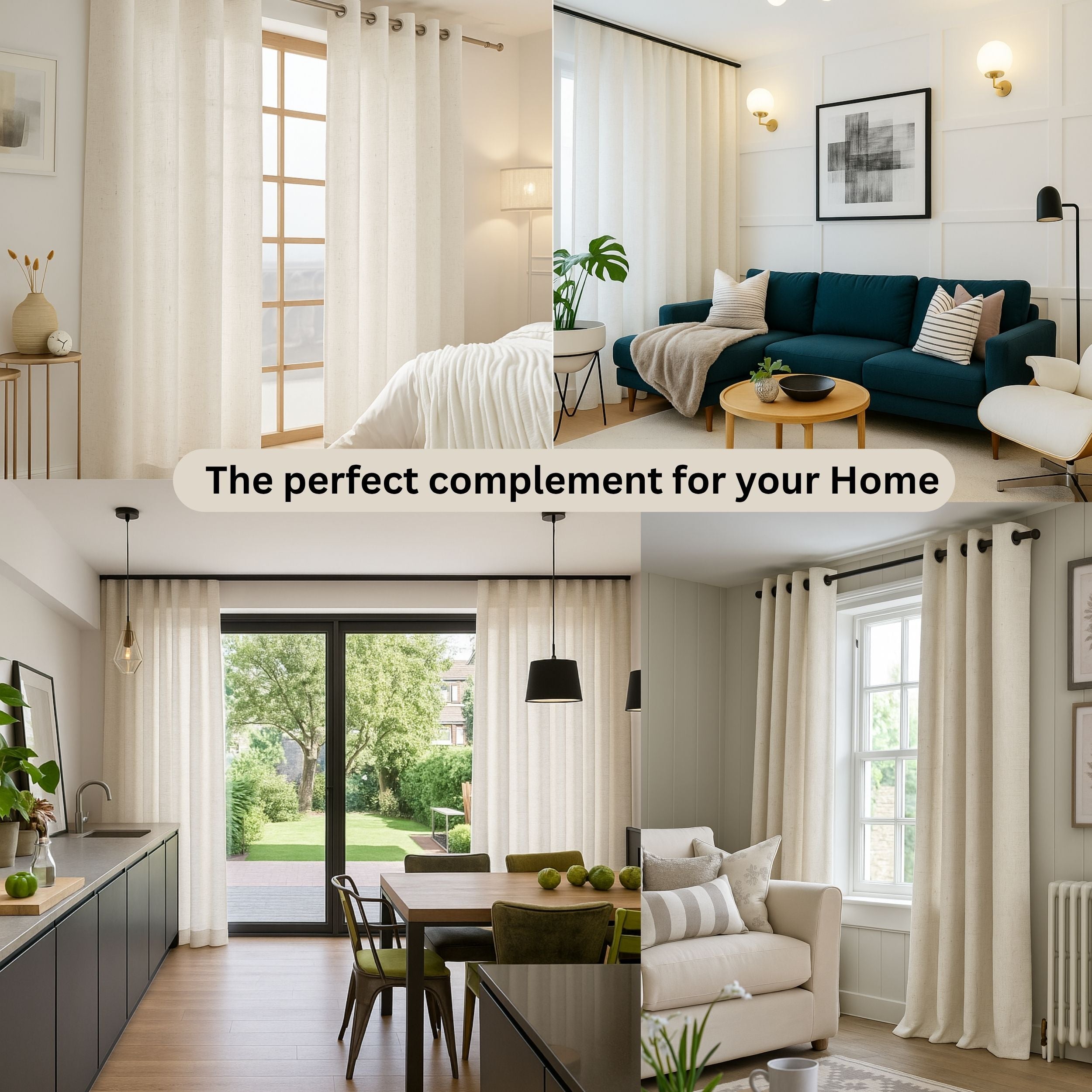 Living room and kitchen scenes with white lino curtains.