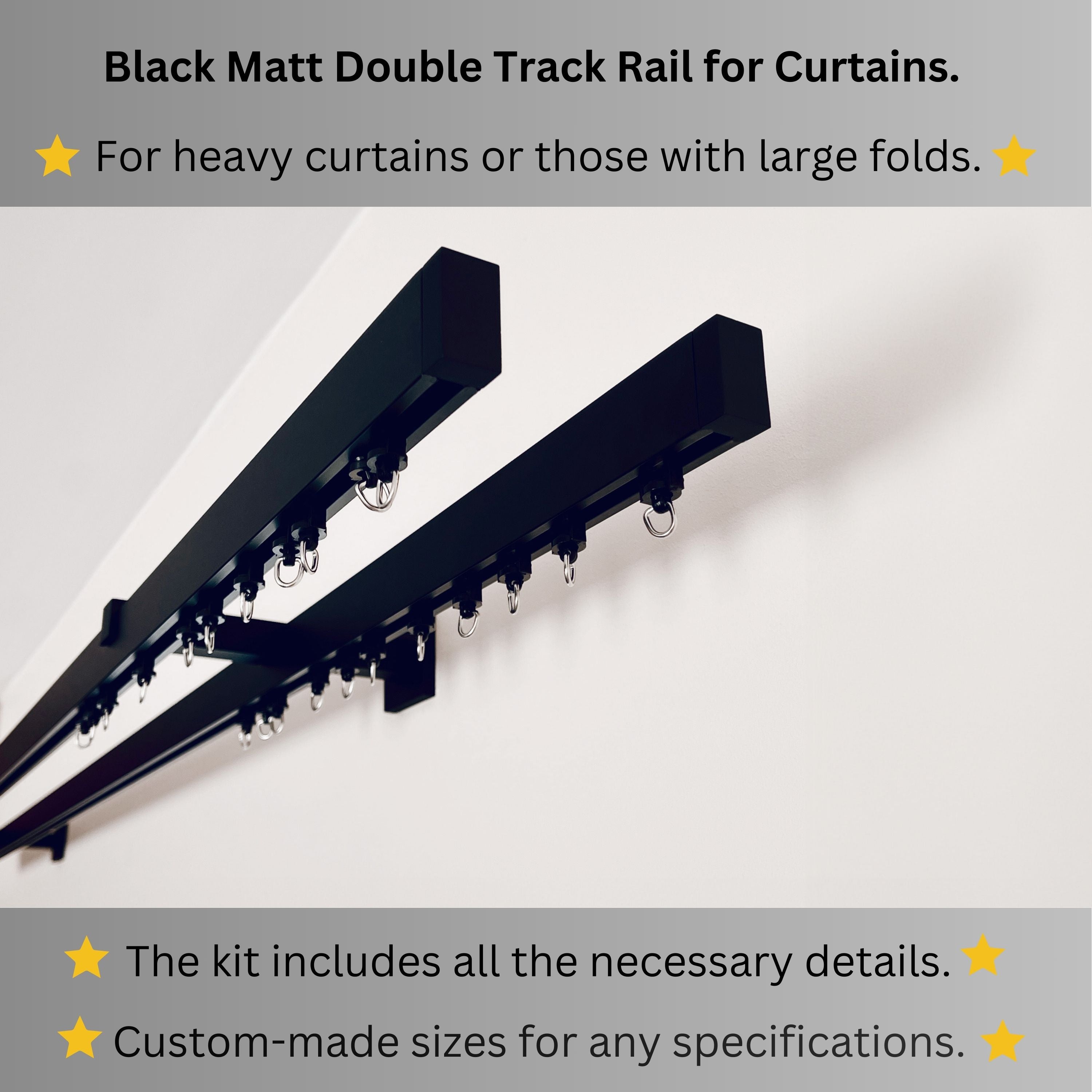 Black Matte Double Curtain Rail: Custom Sizes, Decorative 2-track Rail for Curtains, Sheers, and Blinds, Wall-Mount Double Track