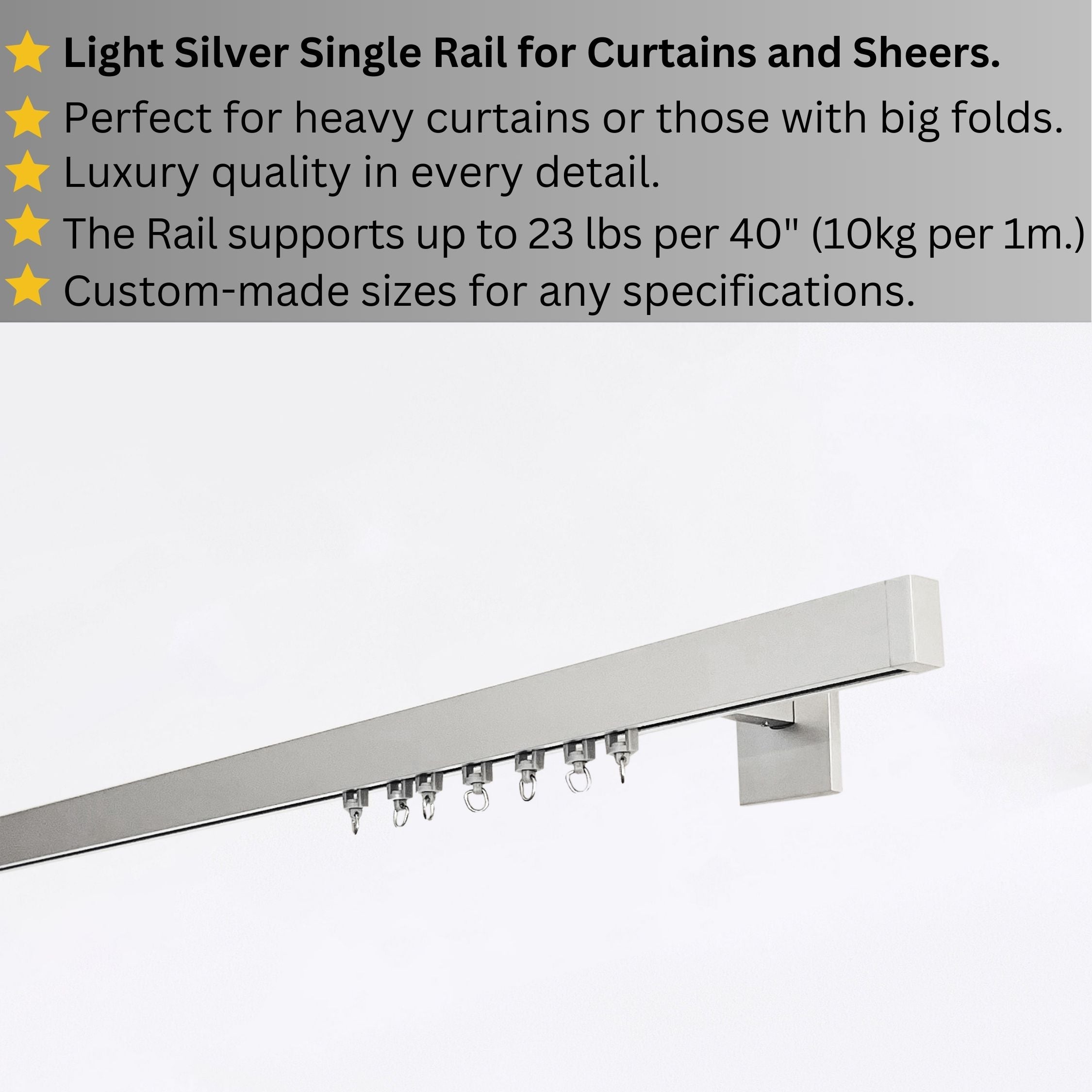 Silver Single Curtain Rail: Custom Sizes, Premium Wall-Mount Heavy-Duty Rail for Curtains, Blinds, and Sheers