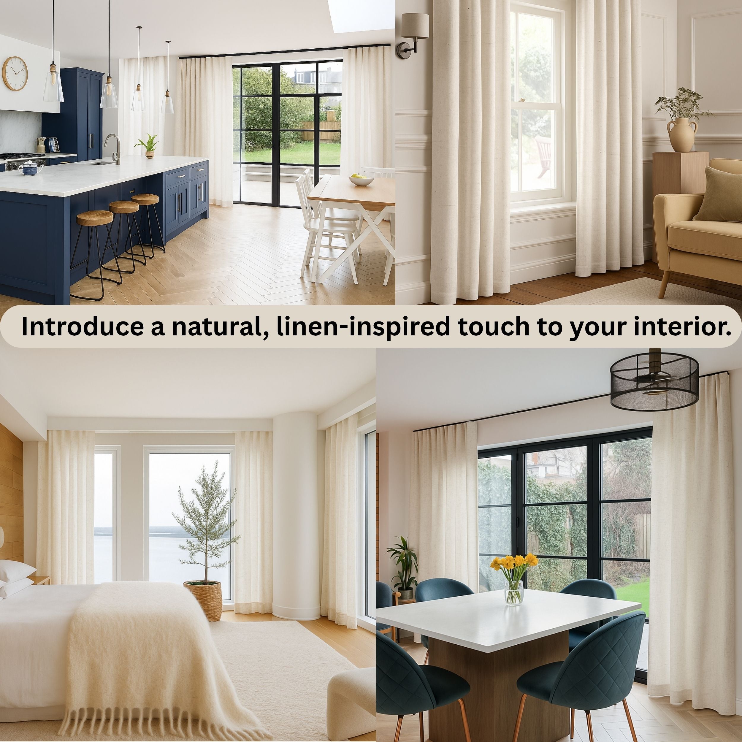 White Lino curtains and neutral decor.
