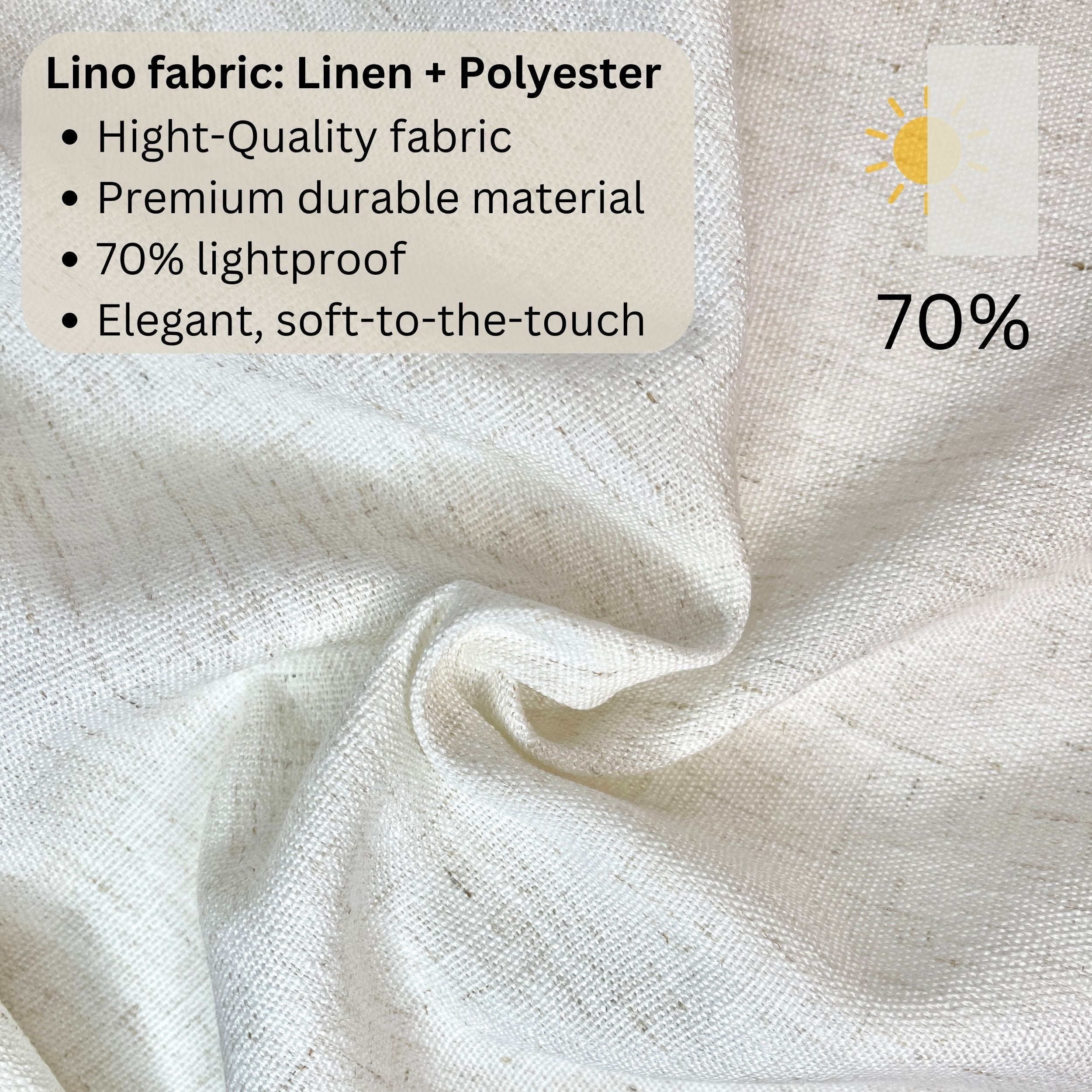 Close-up of natural colour drapes in a polyester and linen blend showing the heavy-duty weave and fabric texture.