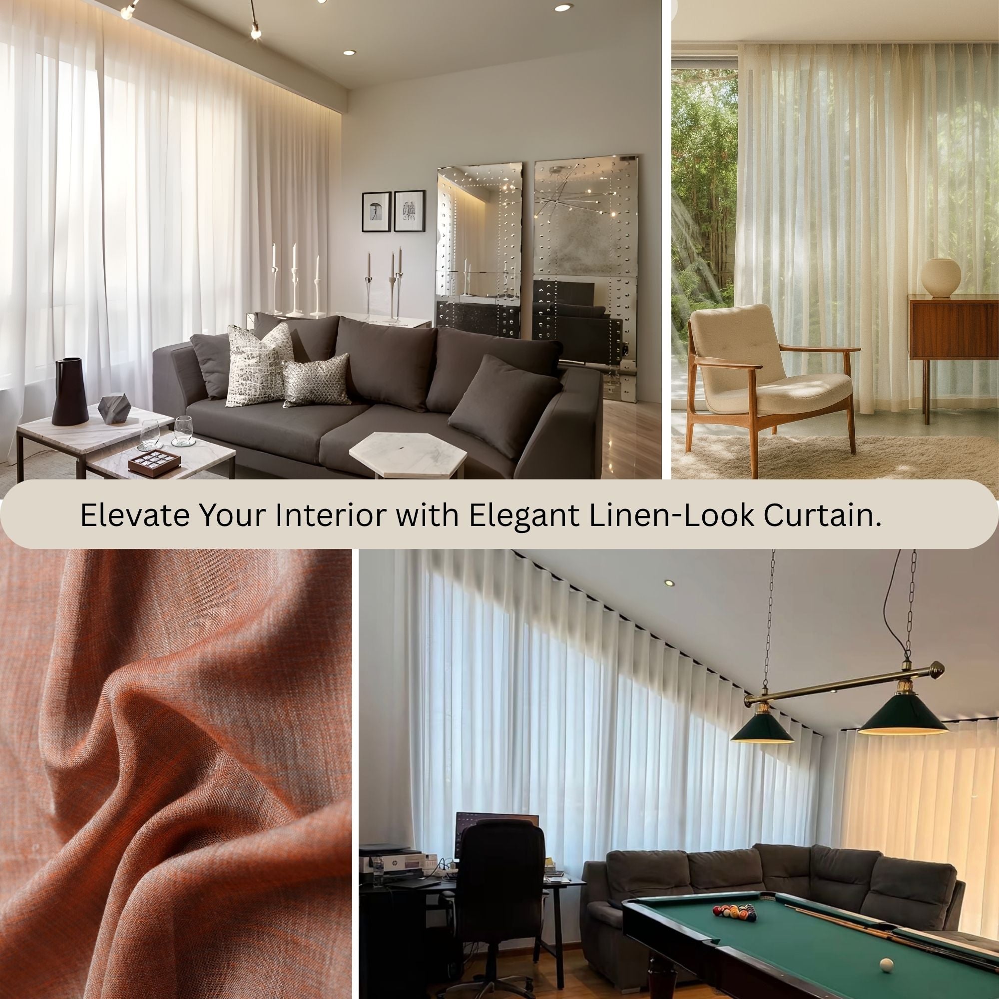 Living room with linen-look sheer curtains
