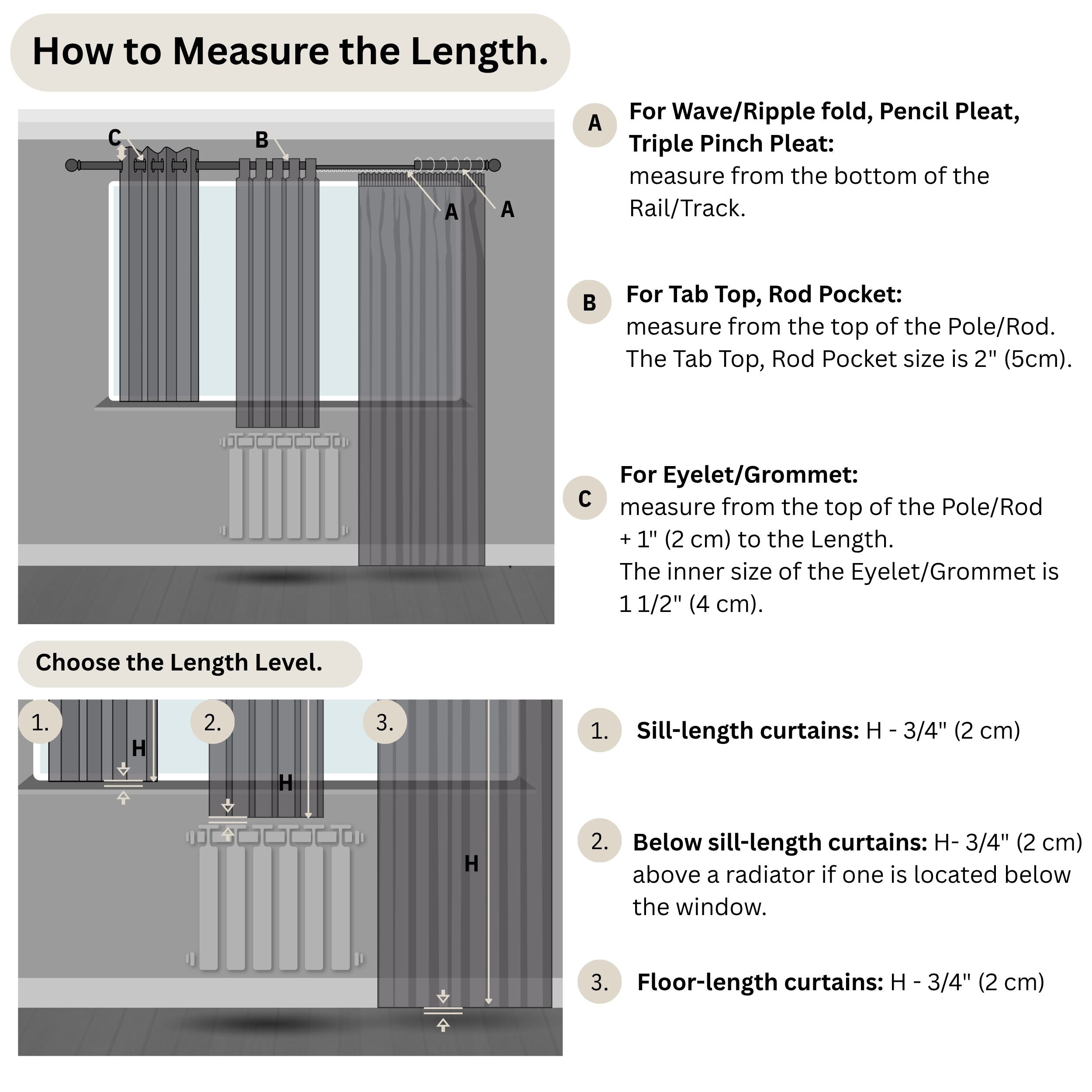 Instructions on how to measure curtain lengths for different styles.