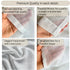Sheer fabric with text highlighting features like precision stitching, expert weaving, elegant sheer look, and weighted hem.