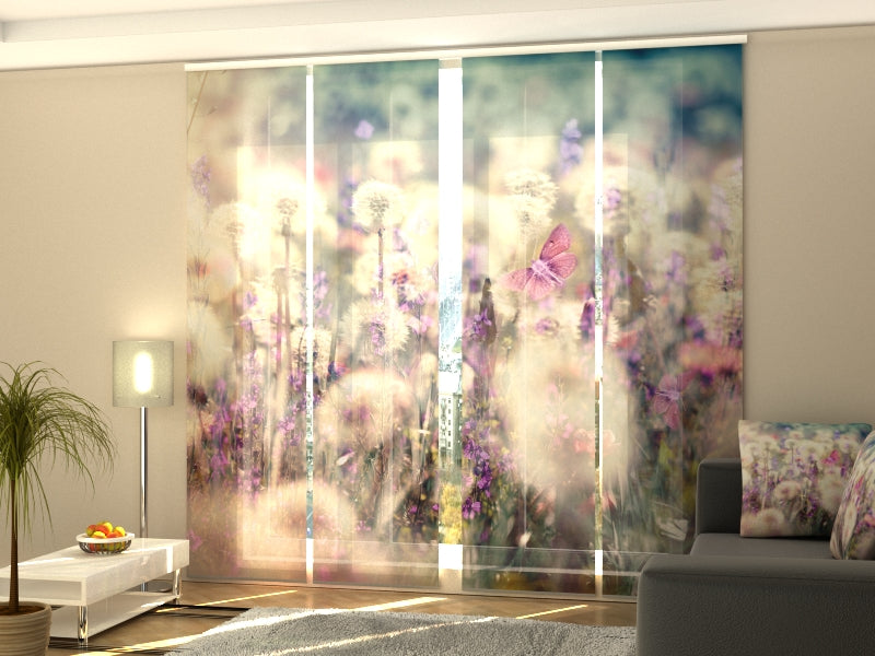 Sliding Panel Curtain Fluffy Dandelions and Purple Butterflies