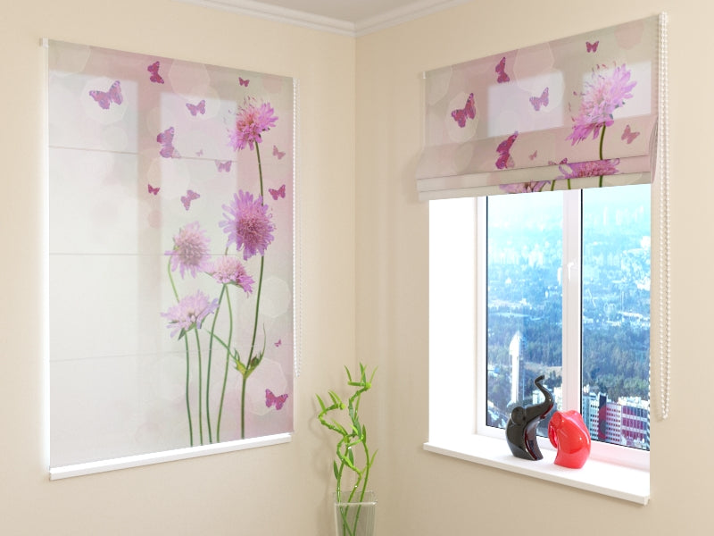 Roman Blind Wildflowers and Pink Butterflies