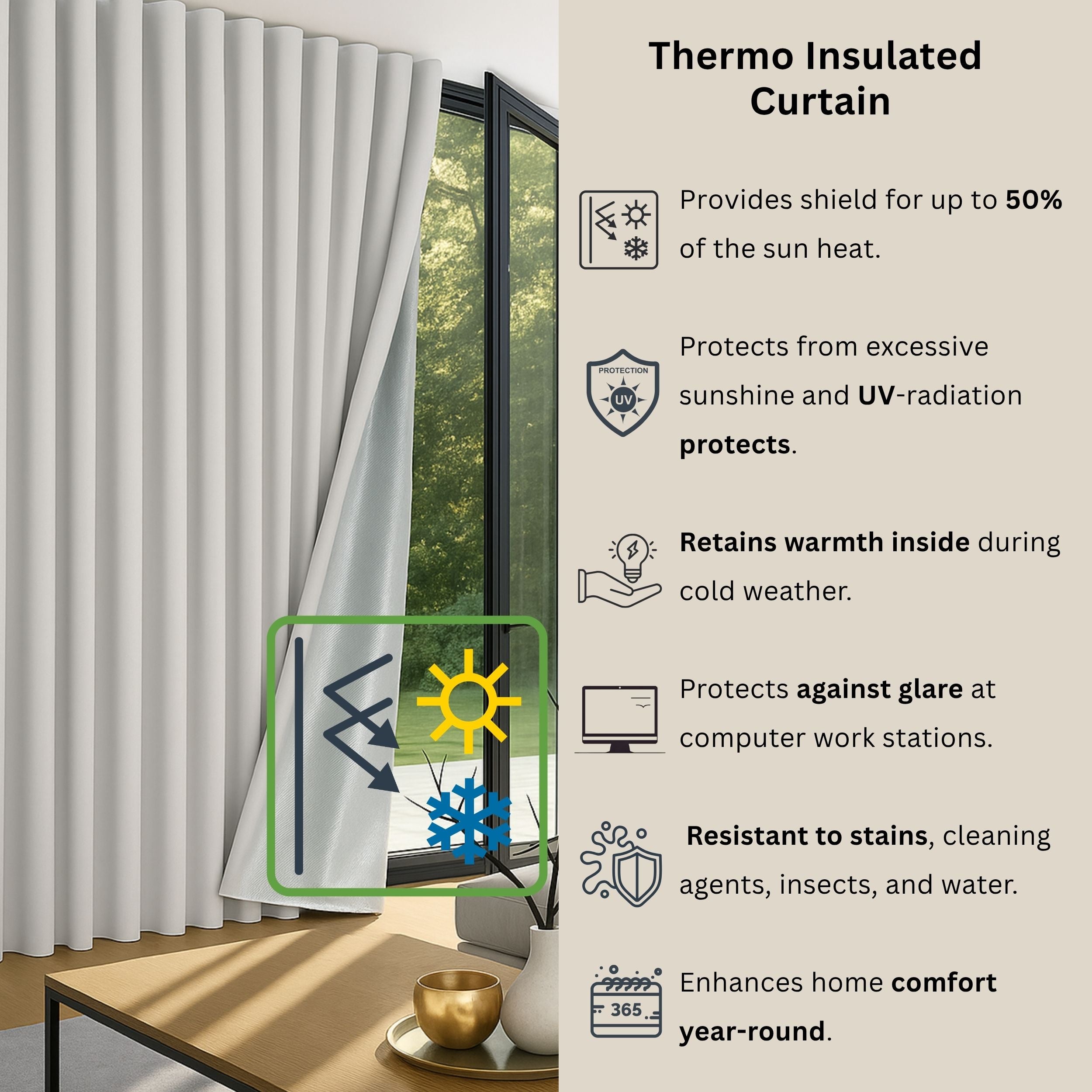 Custom Thermal Insulated Curtains | Fire Resistant & IMO Certified (50% Heat Block)