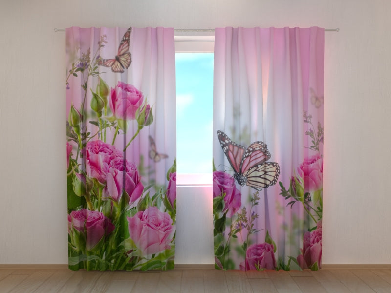 Photo Curtain Butterflies and Pink Roses - Wellmira