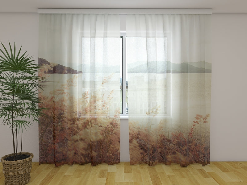 Photo Curtain Grass and Mountains in Vintage Style