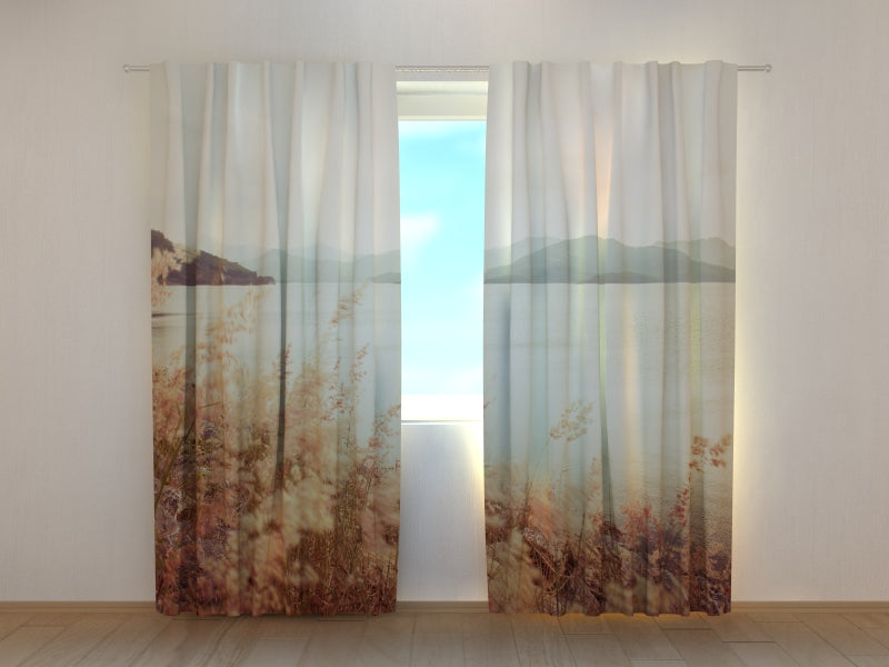 Photo Curtain Grass and Mountains in Vintage Style