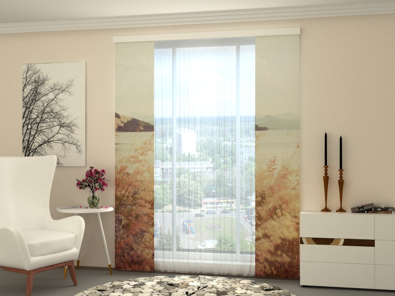 Set of 2 Panel Curtains Grass and Mountains in Vintage Style