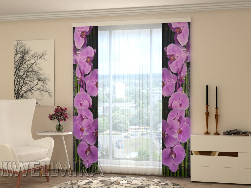 Set of 2 Panel Curtains Orchids on black - Wellmira
