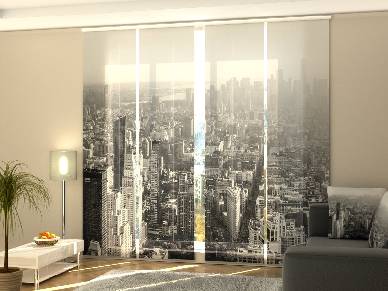4-Panel Curtains Kit with 4-Track Rail, Black and White Manhattan, Size: 60x245 cm