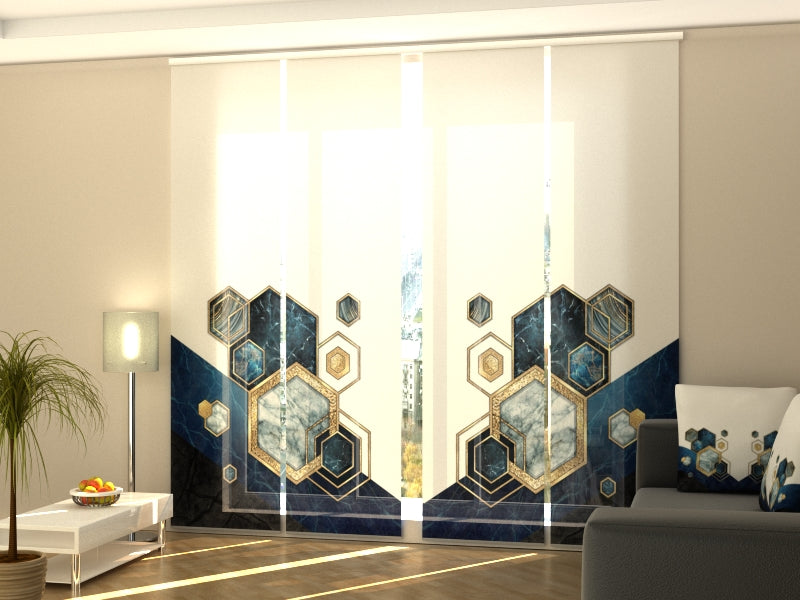 4-Panel Curtains Kit with 4-Track Rail, Blue Marble Mosaic, Size: 60x300 cm
