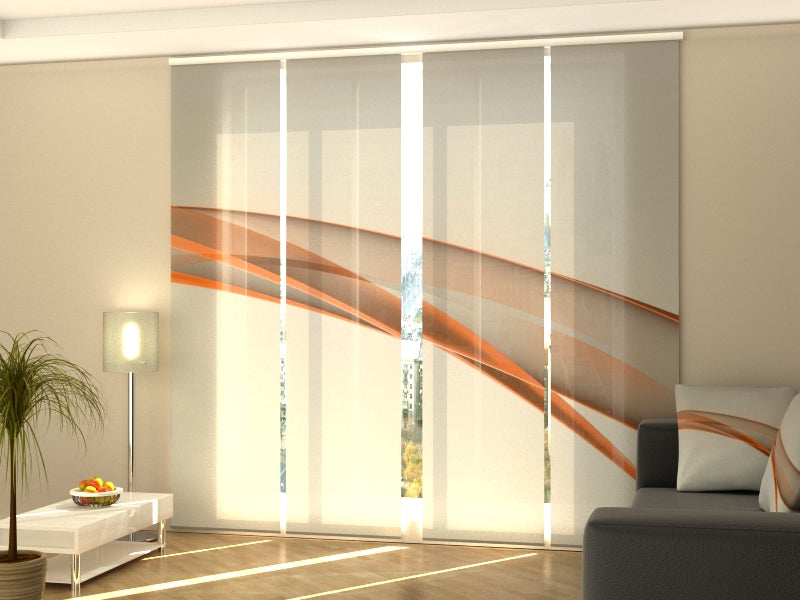 4-Panel Curtains Kit with 4-Track Rail, Elegant Orange Abstract Line, Size: 60x300 cm