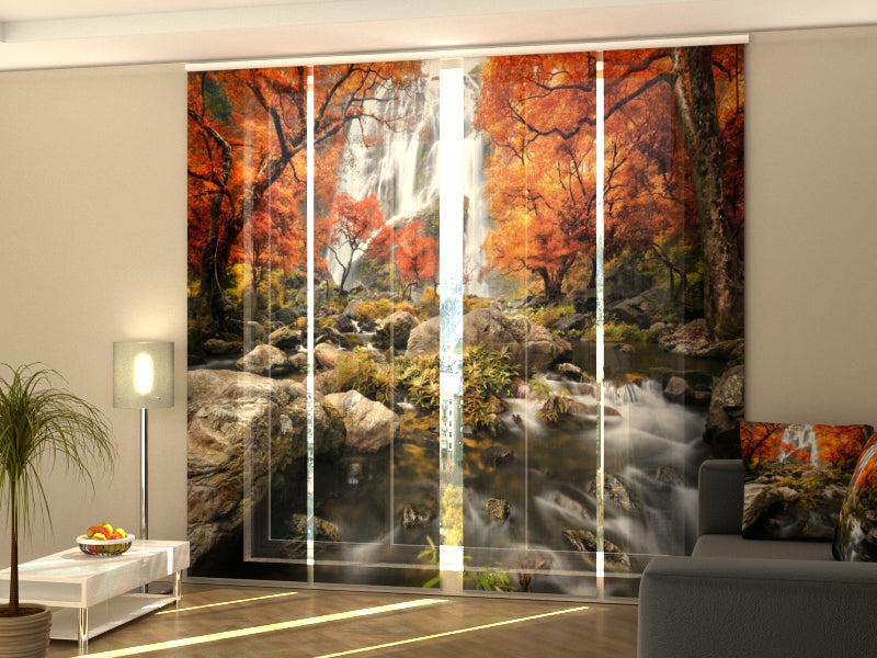 4-Panel Curtains Kit with 4-Track Rail, Fascinating Autumn Waterfall, Size: 60x270 cm