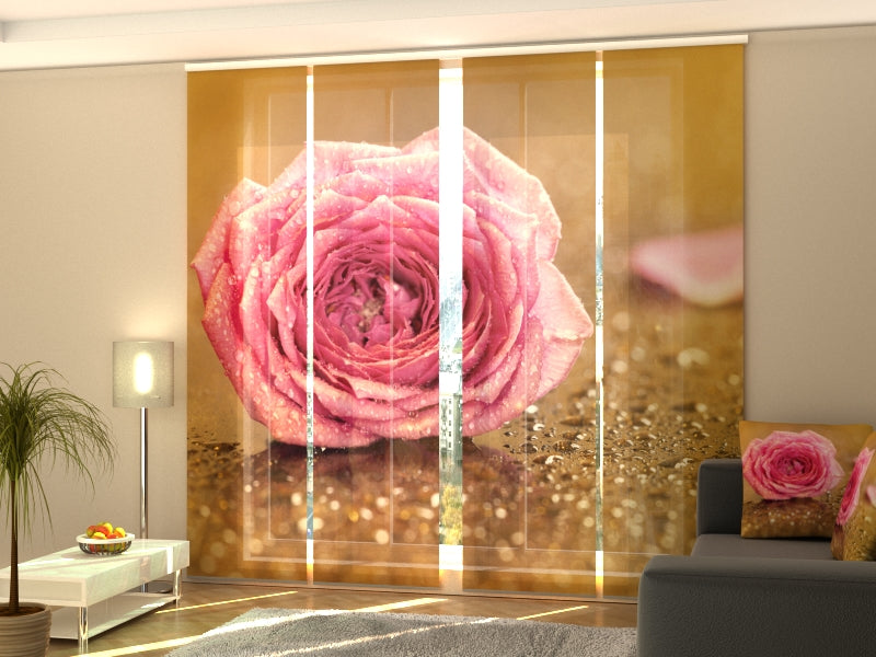 Set of 4 Panel Curtains Pink Rose Flower on Gold