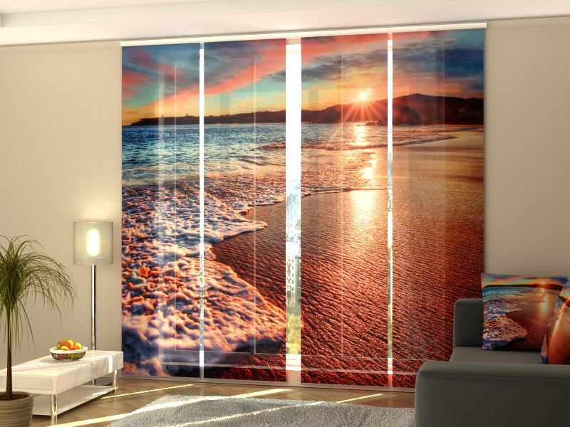 4-Panel Curtains Kit with 4-Track Rail, Sunset over Waves, Size: 60x245 cm