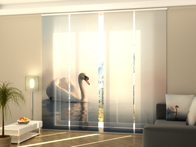 4-Panel Curtains Kit with 4-Track Rail, Swan Floating at Sunrise, Size: 60x300 cm