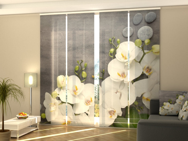 4-Panel Curtains Kit with 4-Track Rail, White Orchids on Gray Marble, Size: 60x300 cm
