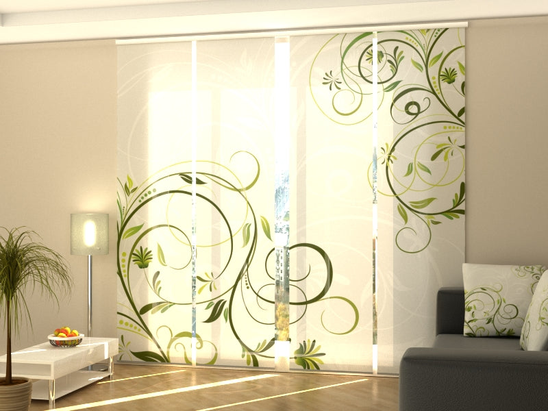 4-Panel Curtains Kit with 4-Track Rail, Abstract Green Floral, Size: 60x245 cm