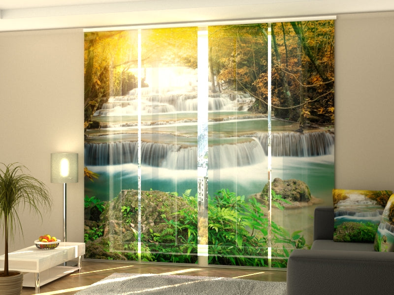4-Panel Curtains Kit with 4-Track Rail, Autumn waterfall, Size: 60x245 cm