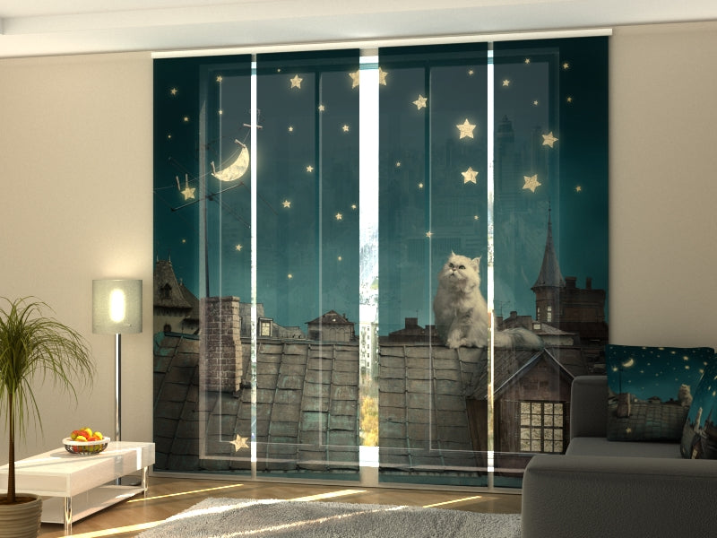 4-Panel Curtains Kit with 4-Track Rail, Cat on the Roof, Size: 60x300 cm