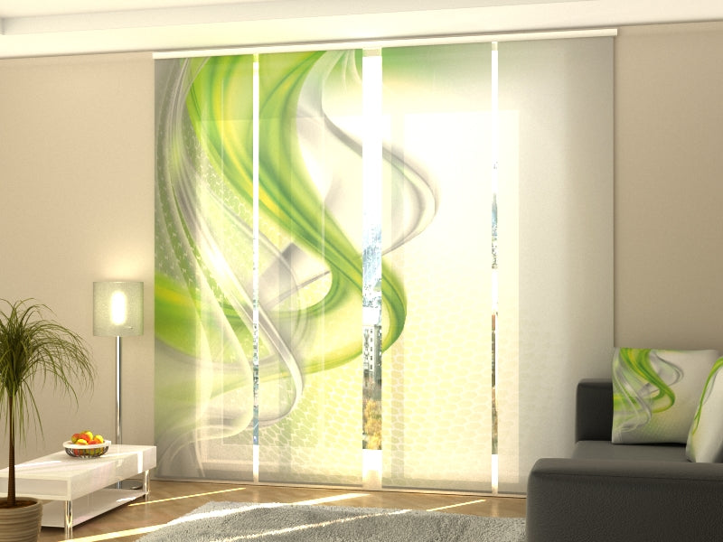 4-Panel Curtains Kit with 4-Track Rail, Green Abstraction, Size: 60x245 cm