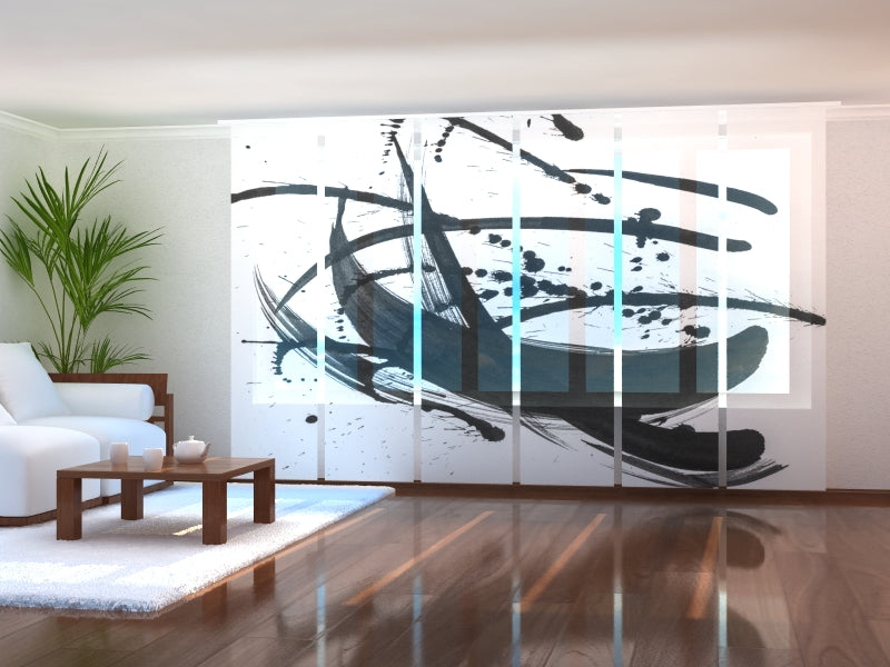 Set of 6 Panel Curtains Black Abstraction