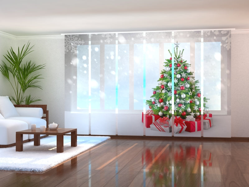 Set of 6 Panel Curtains Christmas Tree in Silver and Red