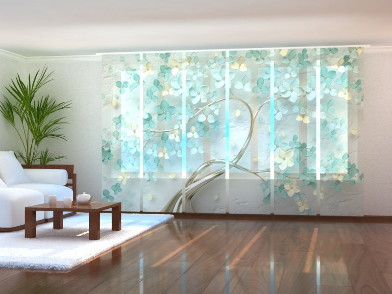 Set of 6 Panel Curtains Fabulous Tree with Green Flowers