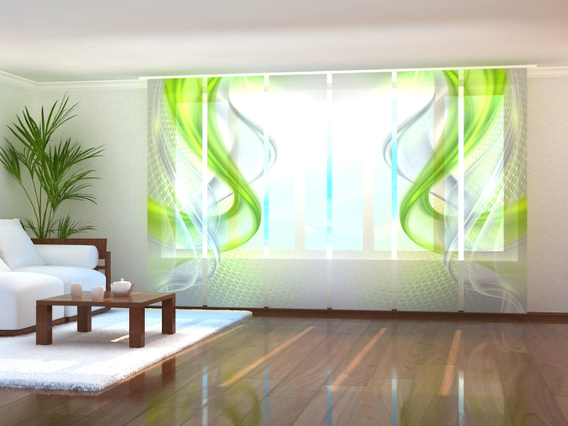 Set of 6 Panel Curtains Green Abstraction