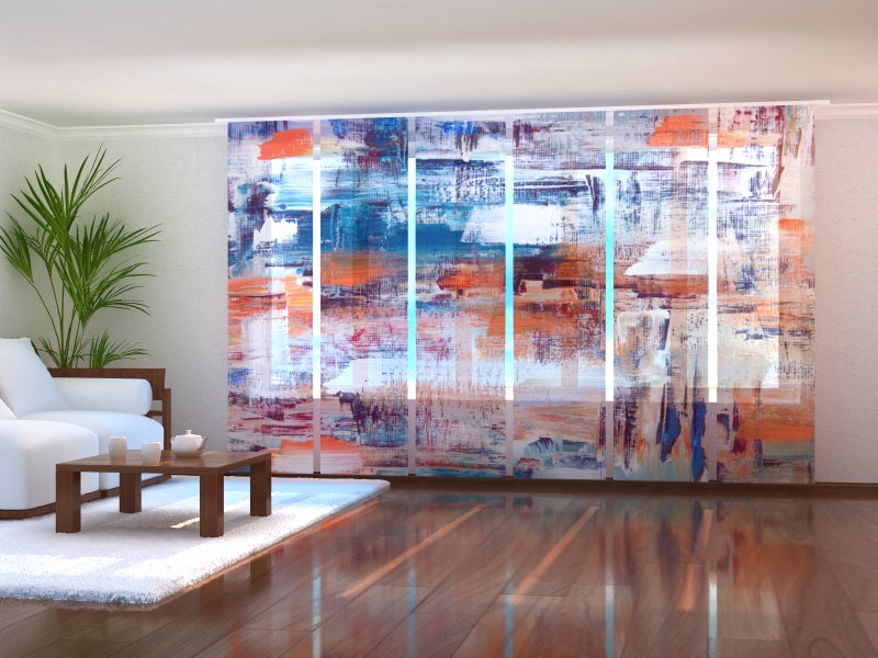 Set of 6 Panel Curtains Orange and Blue Abstract Painting