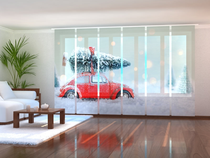 Set of 6 Panel Curtains Red Car with Christmas Tree