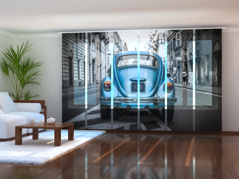 Set of 6 Panel Curtains Retro Blue Car