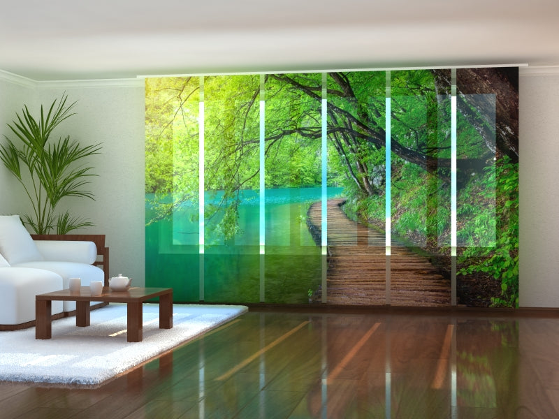 Set of 6 Panel Curtains Wooden Path in the Forest