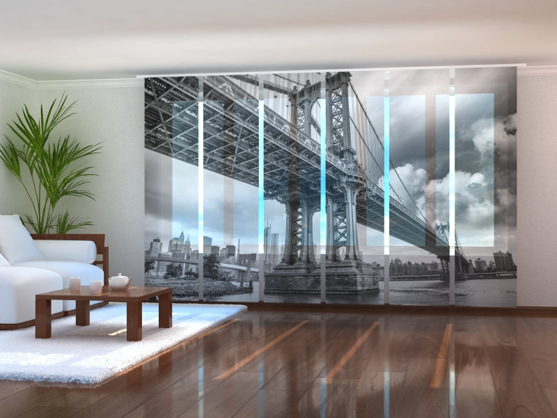Set of 6 Sliding Panel Curtains Black and White bridge