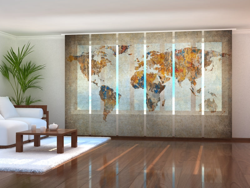 Set of 6 Panel Curtains Grunge Map of the World