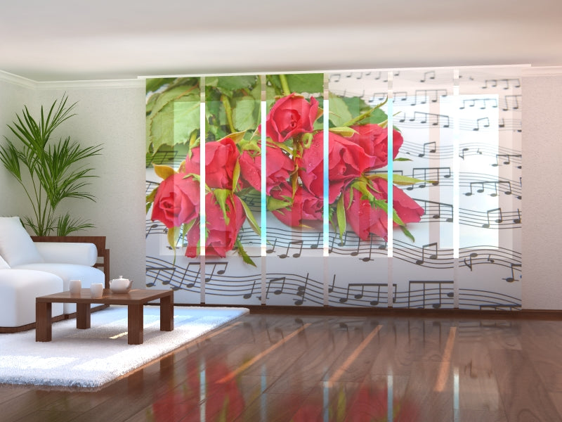 Set of 6 Panel Curtains Roses and Notes