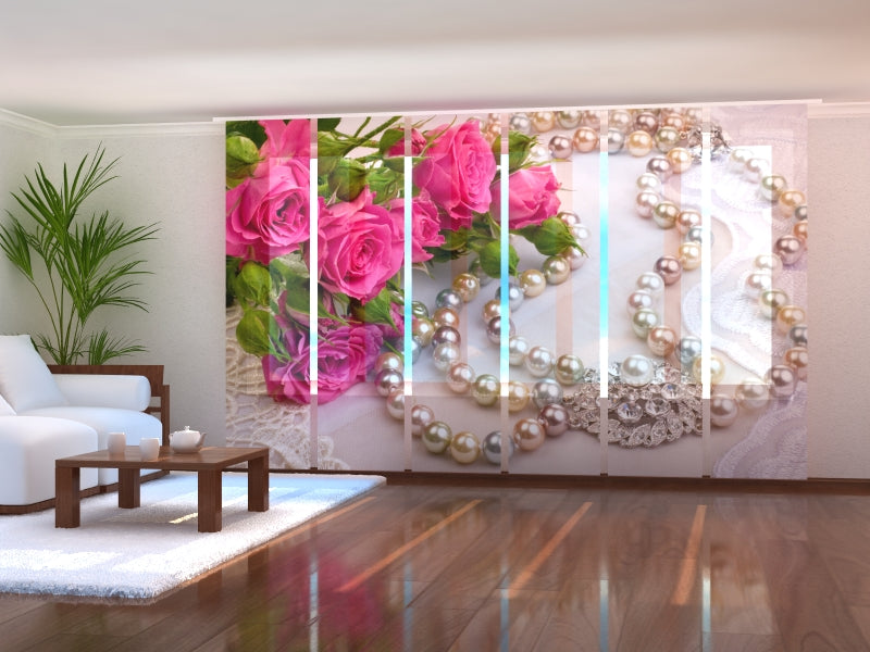 Set of 6 Panel Curtains Roses and Pearls