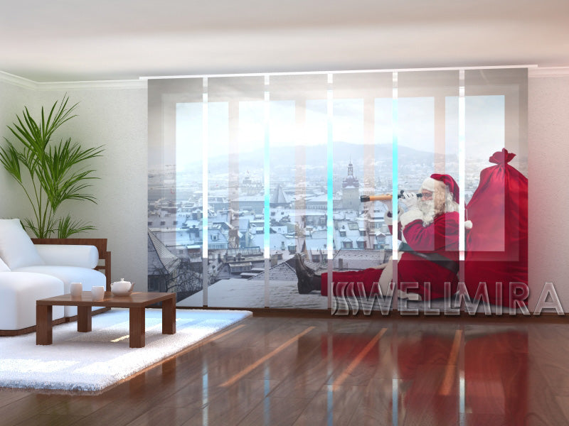 Set of 6 Panel Curtains Santa on the Roof