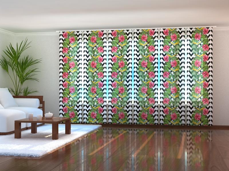 Set of 6 Panel Curtains Tropical Leaves and Hibiscus Flowers - Wellmira