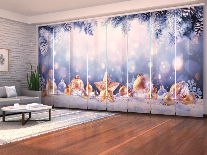 Set of 8 Panel Curtains Christmas Golden Star and Snow