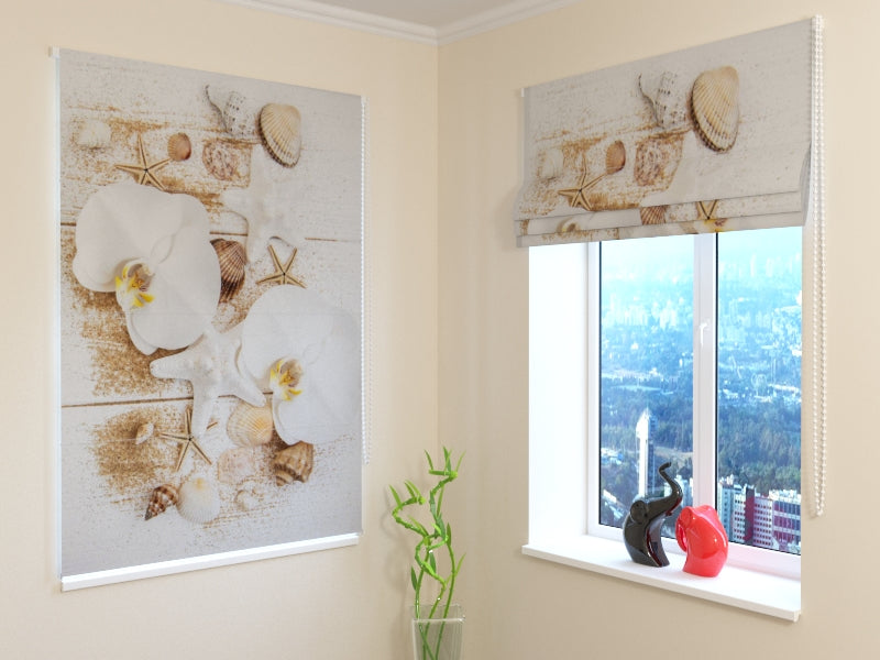 Roman Blind Elegant Seashells and White Orchids