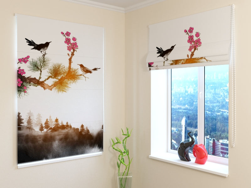 Roman Blind Oriental Birds on a Tree Branch