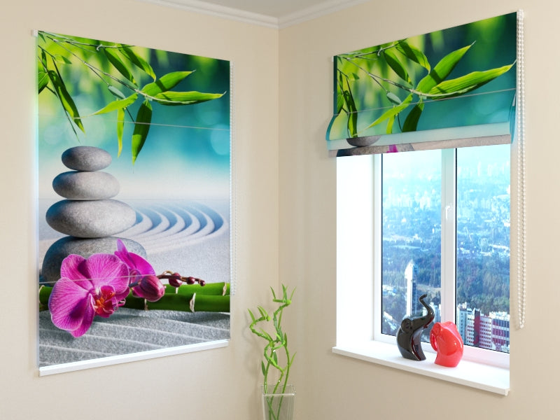 Roman Blind Pink Orchids in a Zen Garden