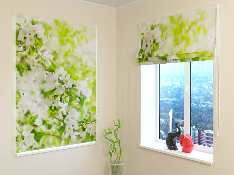 Roman Blind White Blooming Spring Tree