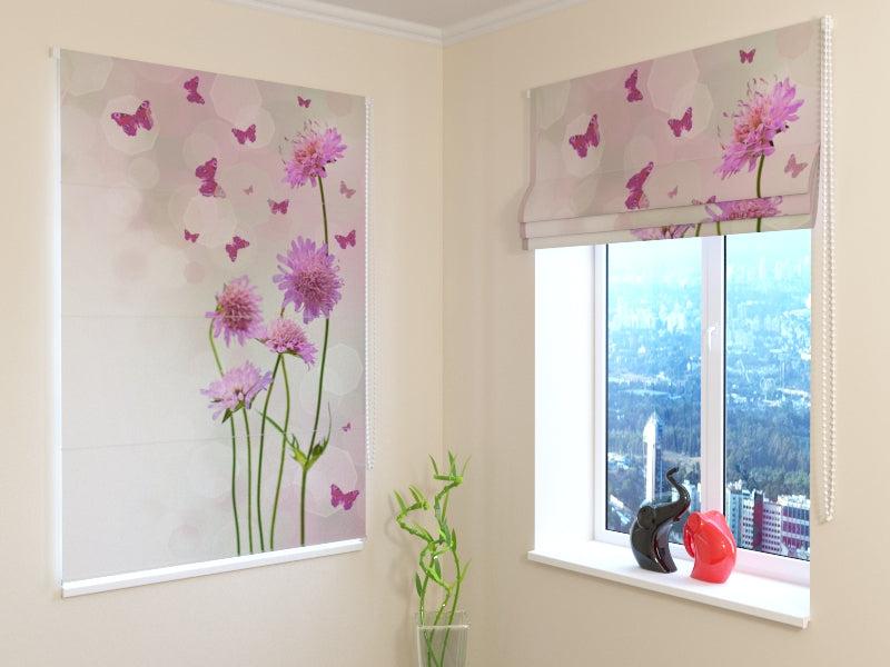 Roman Blind Wildflowers and Pink Butterflies