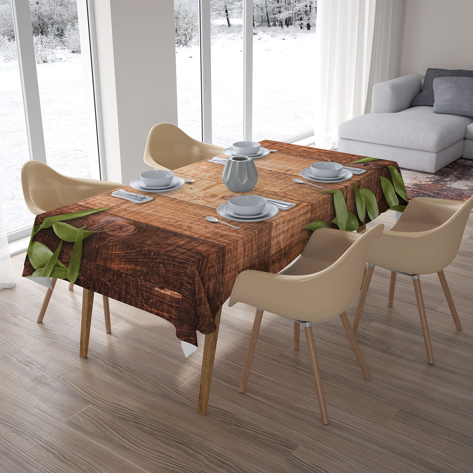 Tablecloth Wood and Green Leaves